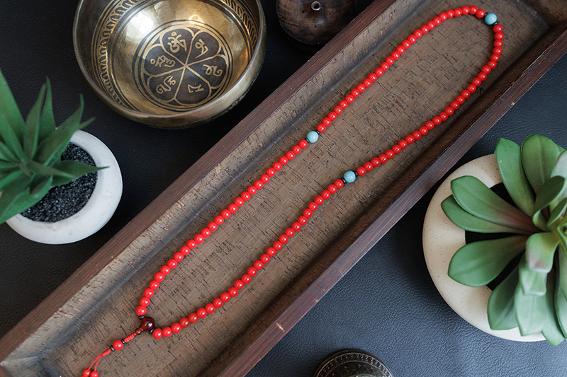Coral Stone Prayer Mala With Turquoise Stone Spacer